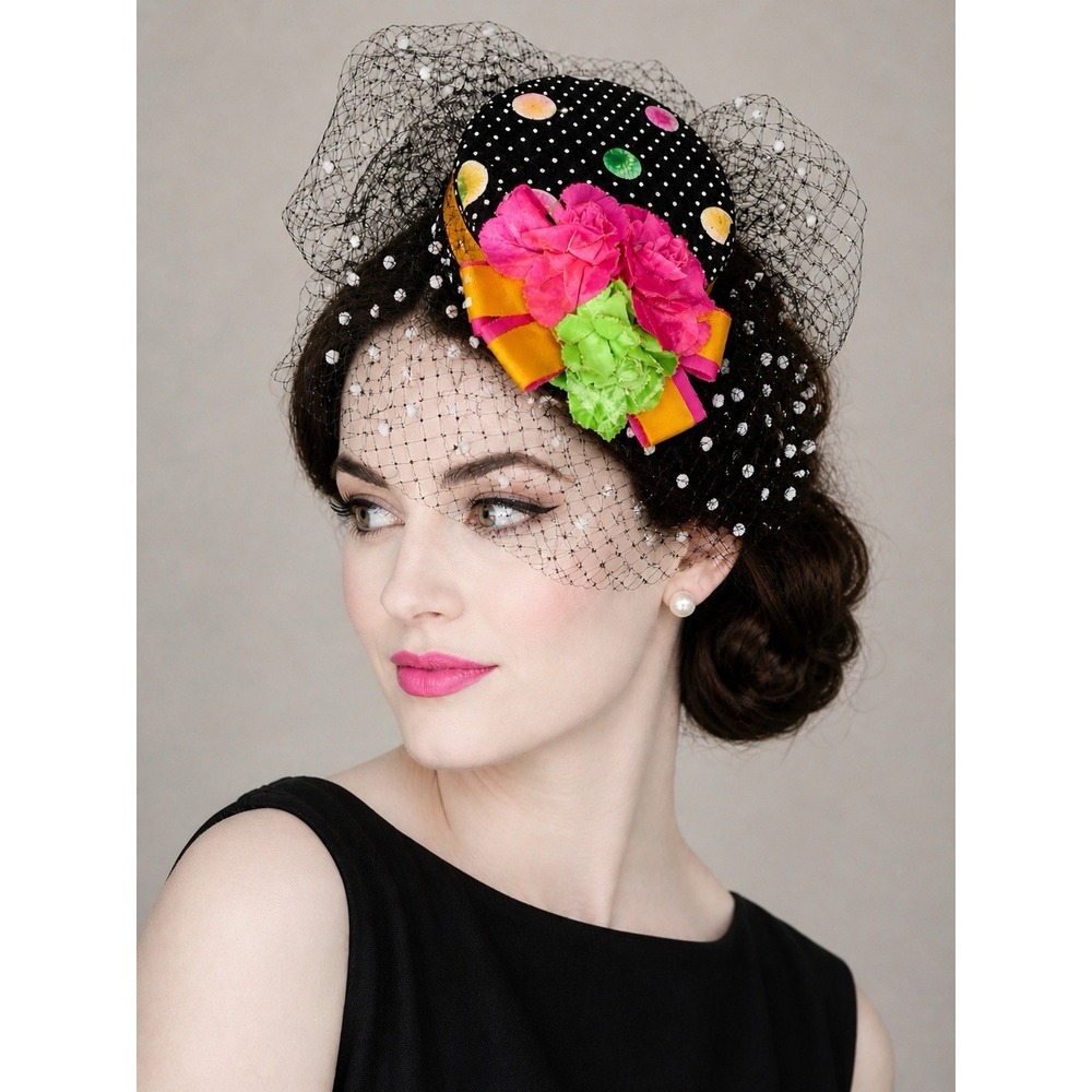 VTG Kokin New York Polka Dot Mini Hat Fascinator Veil Floral Statement Headpiece